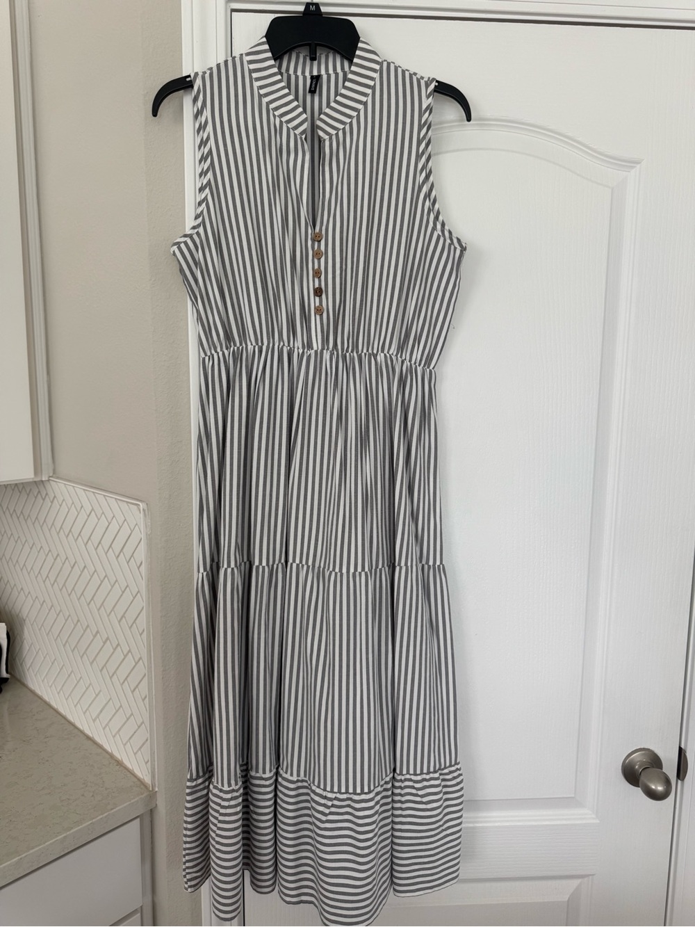 Sleeveless Gray and White Striped Tiered Midi Dress